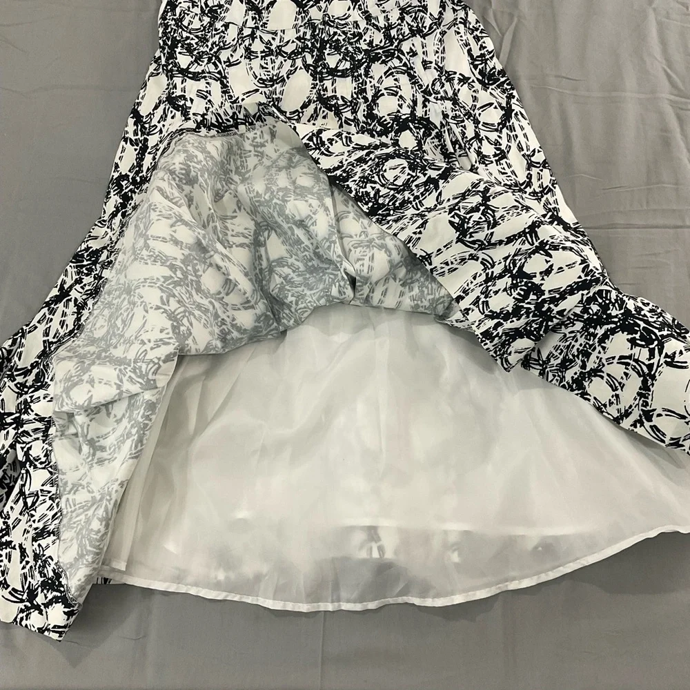 Calvin Klein A-Line Midi Dress Womens 8 Black White Abstract‎ Sleeveless Lined